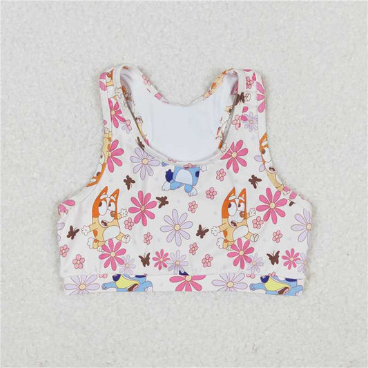 RTS GT0516 Baby Girls Sleeveless Vest Crop Tops Blue Dog Flowers Print Cute Summer Casual Top for Little Girls