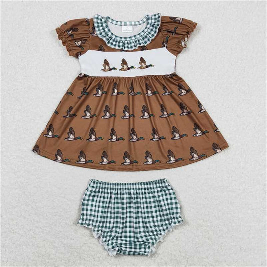 RTS GBO0319 Baby Girls Green Checkered Tunic Top with Duck  Bummies Cute Baby Outfit Set