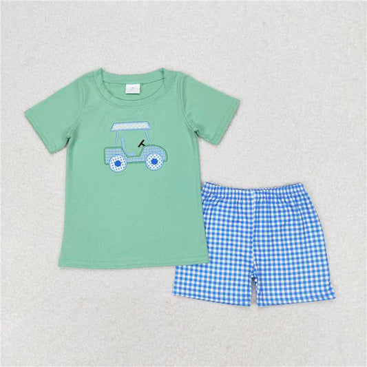 RTS BSSO0692 Baby Boys Summer Clothes Baby Boys Golf Short Sleeve Shirt Blue Checkered Shorts Clothes Sets