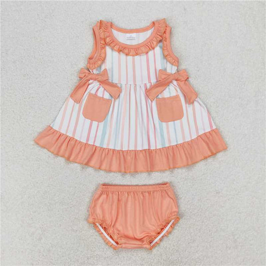 RTS GBO0293 Baby Girls Summer Clothes Set Orange Stripes Sleeveless Top with Bummies for Little Girls