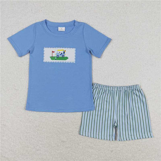 RTS BSSO0616 Baby Boys Summer Clothes Baby Boys Blue Golf Shirt Stripes Shorts Clothes Sets