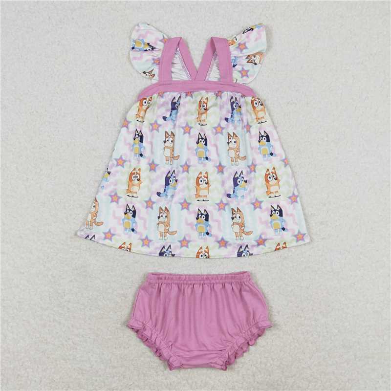 Baby Girls Colorful Dogs Sibling Rompers Bummie Dresses