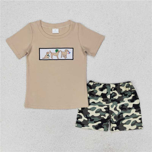 BSSO0720 4th of July Embroidered puppy flag short-sleeved camo shorts set