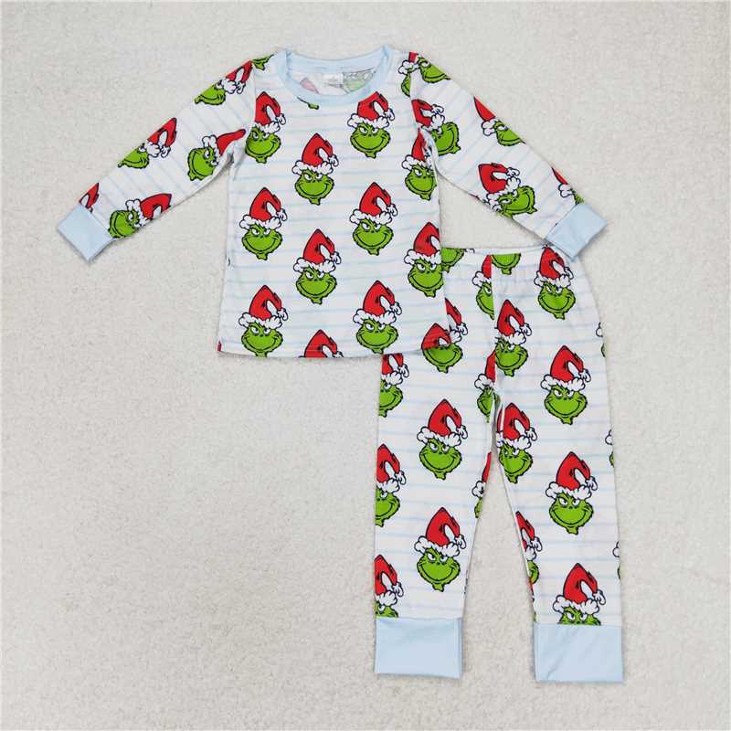 BLP0475 Bamboo Christmas blue striped long sleeve trousers pajama set