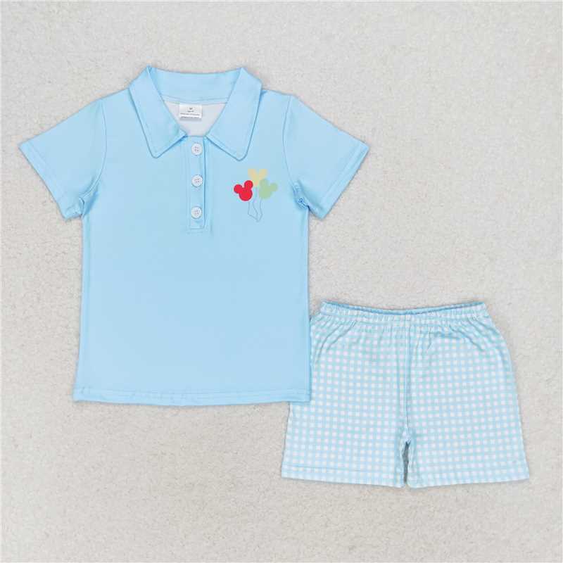 RTS BSSO0683 Baby Boys Summer Clothes Baby Boys Blue Mouse Balloons Tee Shirt Checkered Shorts Clothes Sets