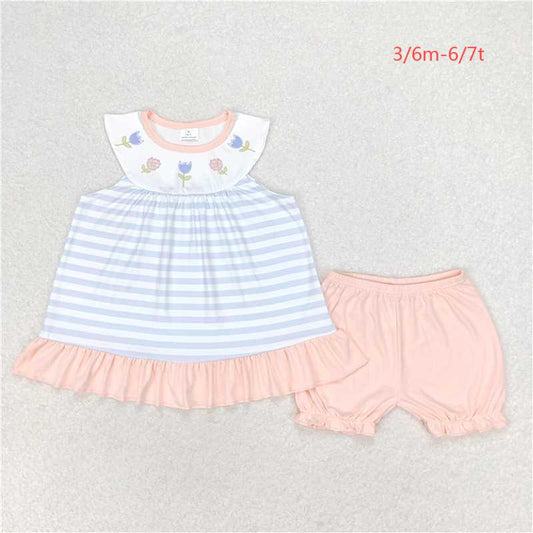 GSSO1101 Floral blue and white striped sleeveless shorts set