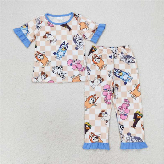 RTS GSPO1581 Baby Girls Dog Checkered Ruffle Top Pants Pajamas Set Cute Clothing Outfit for Little Ones