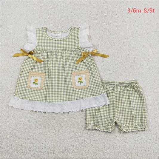 GSSO1196 Sunflower Flower pocket Lace lace plaid sleeveless shorts set