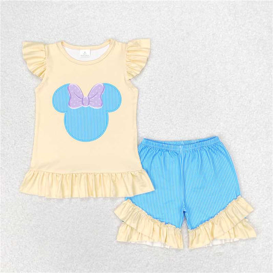 GSSO1159 Girls bow Mouse yellow flying sleeve blue striped shorts suit