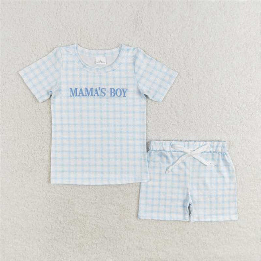 BSSO0912 mama's boy embroidered checkered blue and white short-sleeved shorts suit