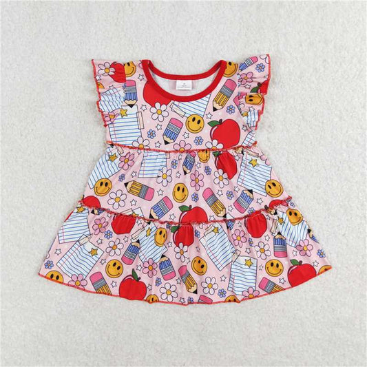 RTS GT0575Baby Girls Back to School Apples & Flowers Flutter Sleeve Tunic Tops Cute Kids' Fashion for Academic Year