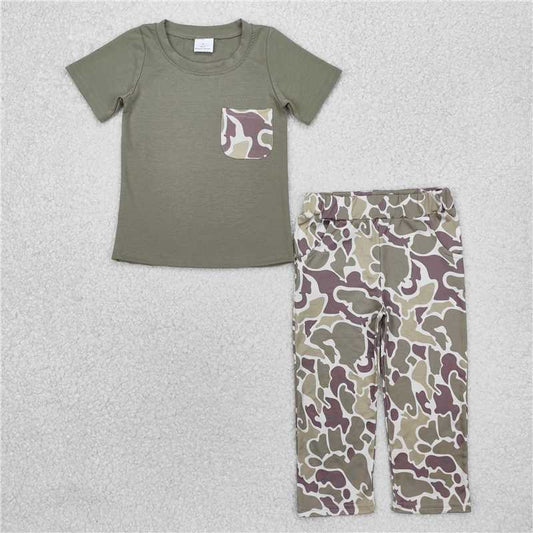 RTS BSPO0521 Kids Summer Top With Long Pants Baby Boys Green Pocket Top Camouflage Pants Clothing Sets