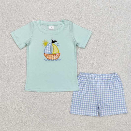 RTS BSSO1048 Baby Boys Summer Clothes Baby Boys Sailboat Tee Shirts Checkered Shorts Clothing Sets