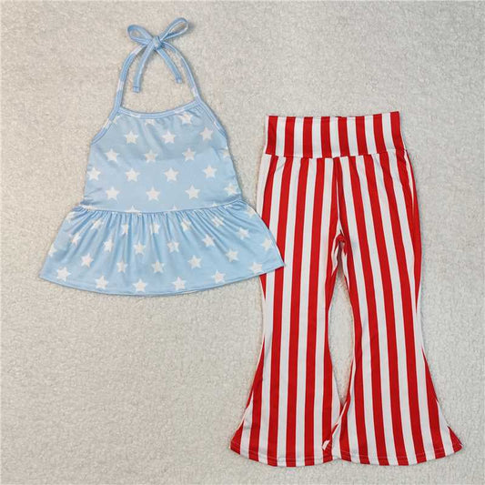 RTS GSPO1974 Baby Girls 4th of July Stars Halter Tunic with Bell Pants Outfit Set Red White And Blue Clothing for Infants