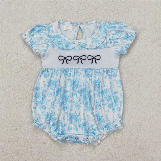 RTS SR2784  Blue Flowers Bows Embroidery Rompers for Baby Infant Girls Cute Floral Design Baby Clothes