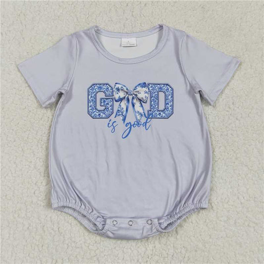 RTS SR2772 Baby Infant Girls Grey 'God Is Good' Bow Rompers Cute Faith-Based Outfit for Little Ones Comfortable And Stylish Clothing