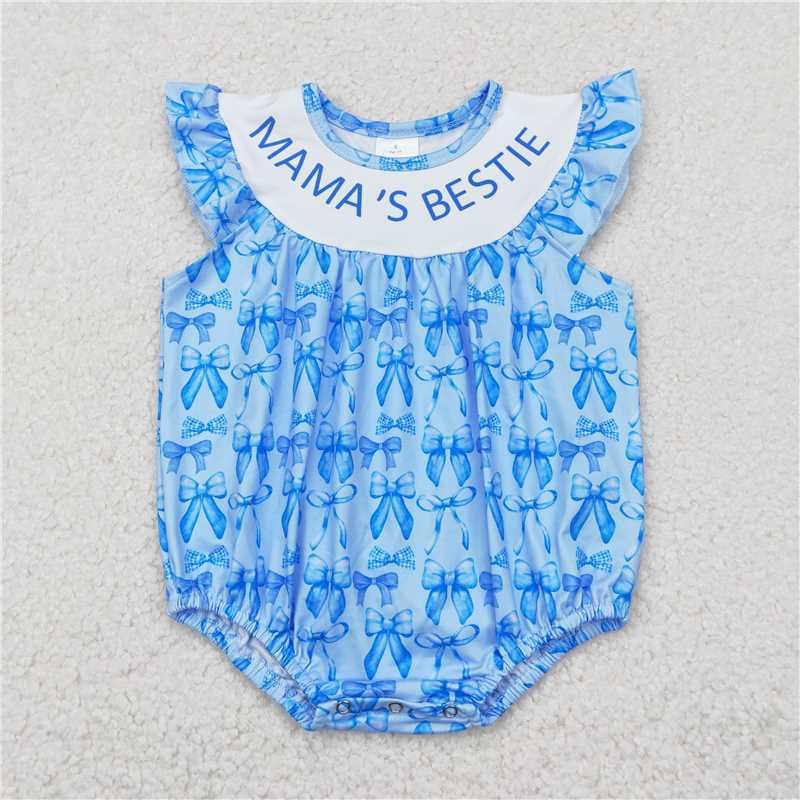 RTS SR3039 Baby Girls Blue Ruffle Rompers with Mama's Bestie Bows