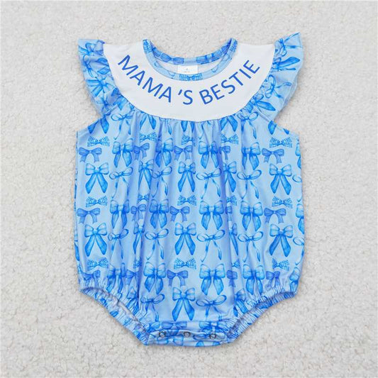RTS SR3039 Baby Girls Blue Ruffle Rompers with Mama's Bestie Bows