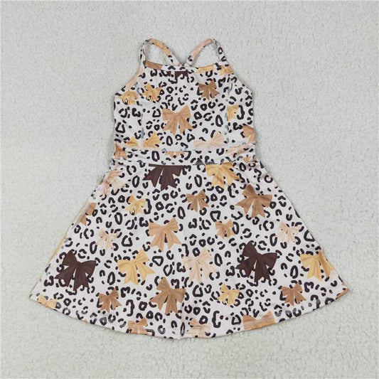 RTS GSD2649 Baby Girls Strap Knee Length Dress with Brown Bows Leopard Print Shorts Outfit for Little Girls