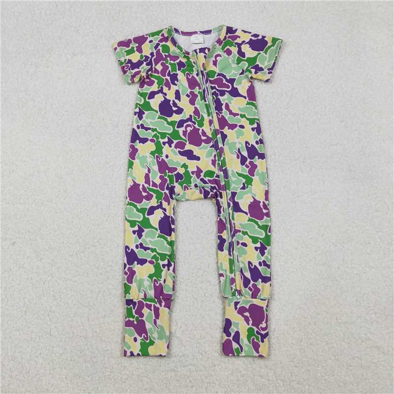RTS SR3211 Baby Boys Romper Baby Boys Mardigras Camo Short Sleeve Two Way Zip Convertible Rompers
