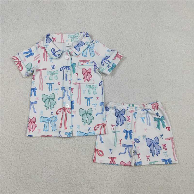 GSSO2217 Baby Girls Colorful Bows Buttons Shirts Shorts Set C11.6