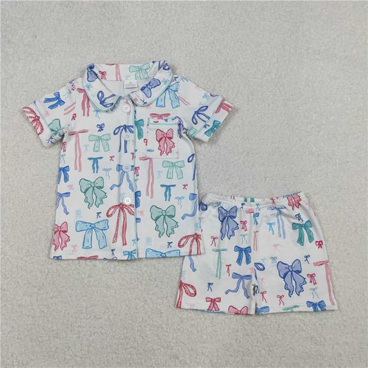 GSSO2217 Baby Girls Colorful Bows Buttons Shirts Shorts Set C11.6