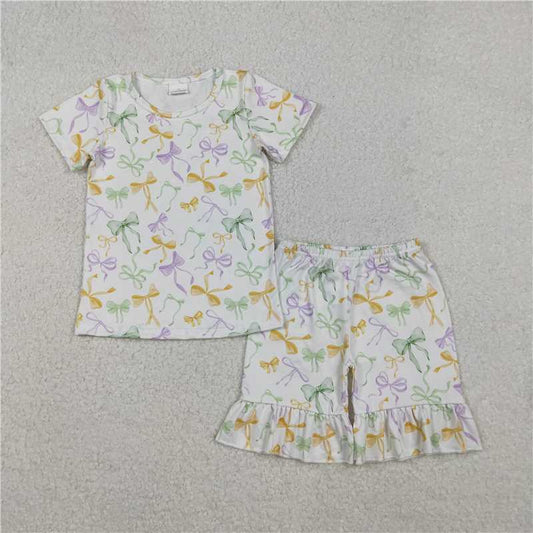 RTS GSSO2717 Baby Girls Mardi Gras Bows Plaid Top Ruffle Shorts Pajamas Set Cute Baby Sleepwear Comfortable Cotton Outfit for Little Ones