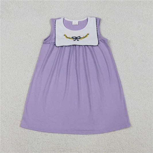 RTS GSD2832 Embroidery Bows Baby Girls Sleeveless Mardigras Knee-Length Dresses Cute Festive Wear for Little Girls