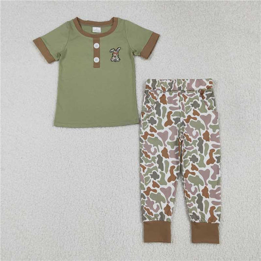 RTS BSPO0603 Kids Summer Top With Long Pants Embroidery Camo Rabbit Baby Boys Olive Button Camo Pockets Pant Easter Clothes Sets