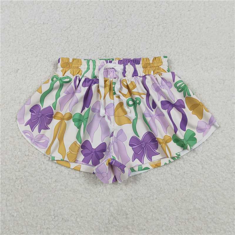 RTS SS0684 Baby Girls Plaid Yoga Shorts Active Bottoms Mardi Gras Bows Detail Comfortable Soft Fabric Kids' Clothing