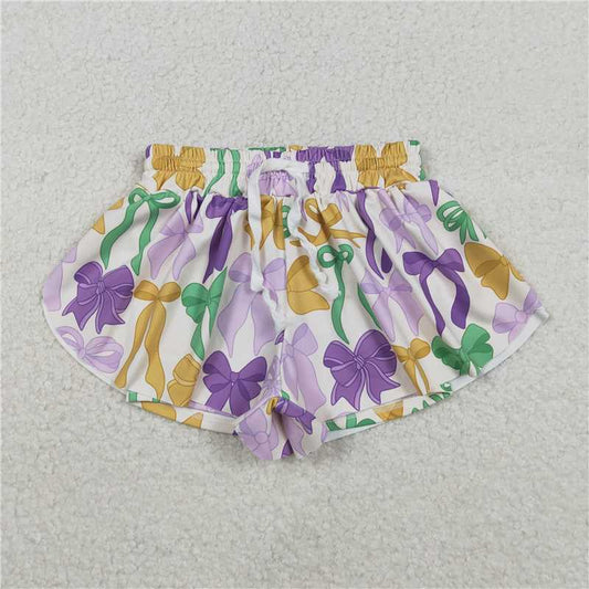 RTS SS0684 Baby Girls Plaid Yoga Shorts Active Bottoms Mardi Gras Bows Detail Comfortable Soft Fabric Kids' Clothing