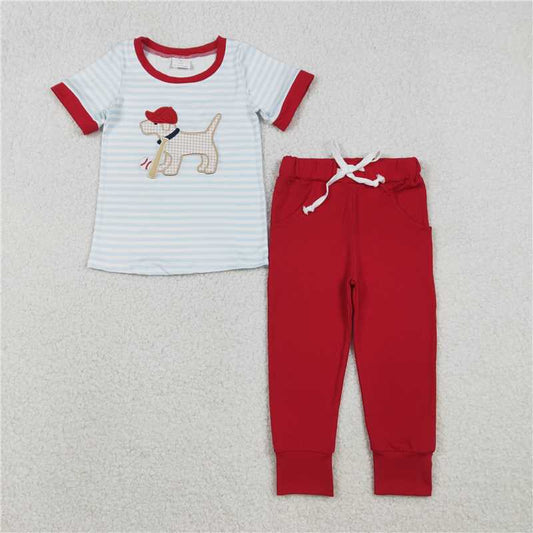 RTS BSPO0613 Kids Summer Top With Long Pants Embroidery Dog Baseballs Baby Boys Stripe Top Pockets Pants Team Clothes Sets