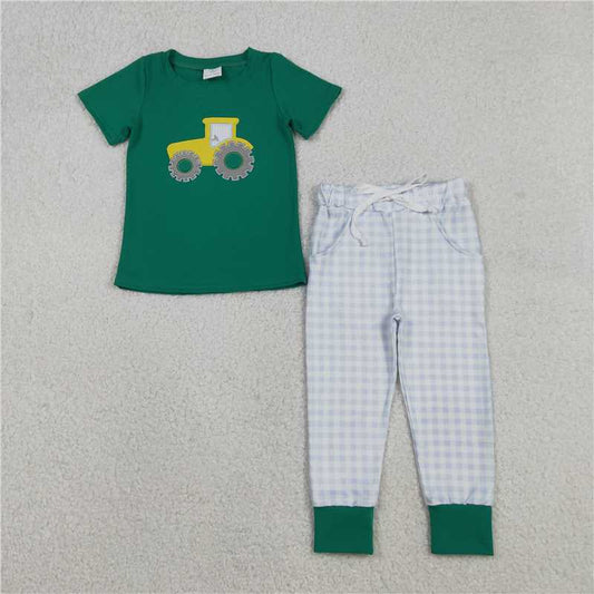 RTS SPO0615 Kids Summer Top With Long Pants Embroidery Golf Truck Baby Boys Top Checked Pockets Leggings Clothes Sets