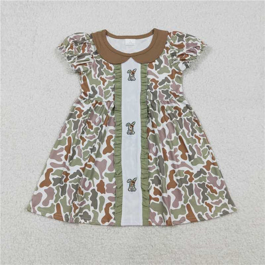 RTS GSD2852 Baby Girls Embroidered Rabbit Knee-Length Dress with Camo Bows Easter Collar Spring/Summer Casual Outfit for Kids