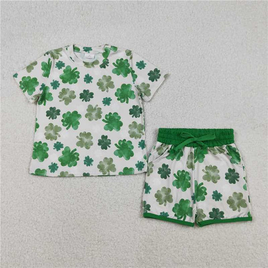 RTS GSSO2744 Baby Girls St. Patrick's Day Outfit Set Green Clovers Top with Pockets Shorts Cute Baby Clothing Set
