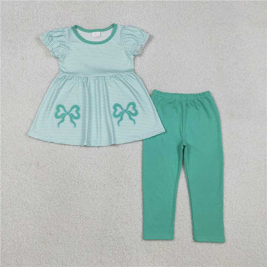 RTS GSPO2151 Baby Girls Embroidery Bows Aqua Stripe Tunic Leggings Pant Clothes Sets Cute Toddler Outfit
