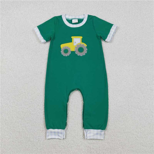 RTS SR3332 Baby Boys Romper Embroidery Golf Truck Baby Boys Green Footie Rompers