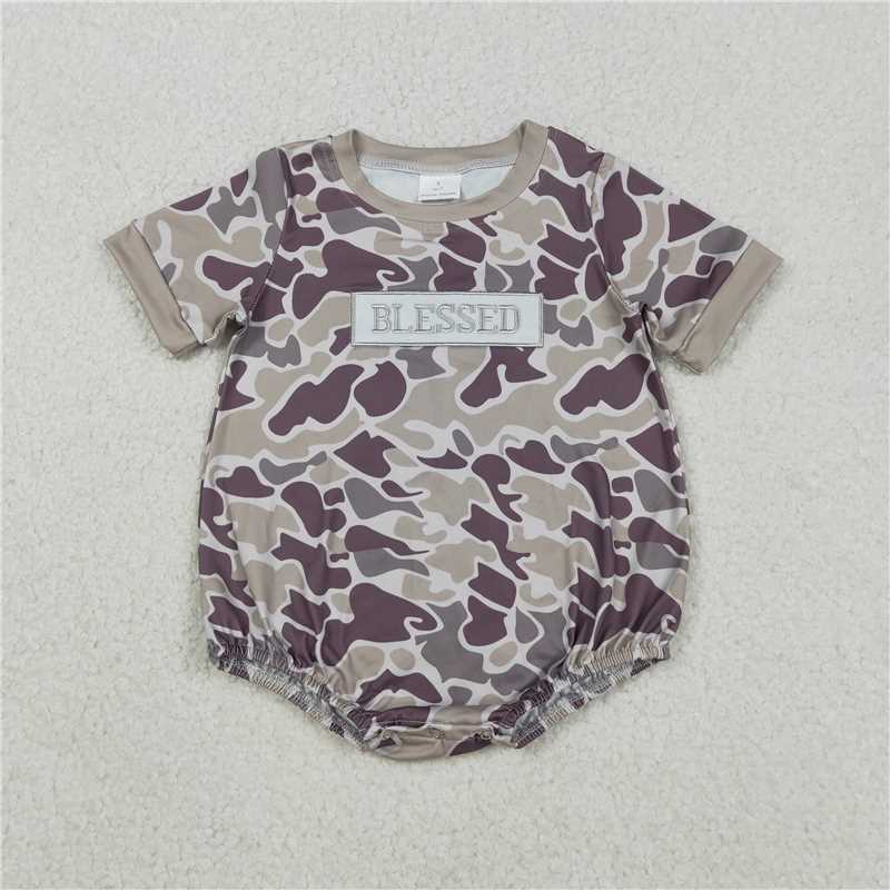 RTS SR3263 Baby Boys Romper Embroidery Blessed Baby Boys Southern Grey Camo Rompers