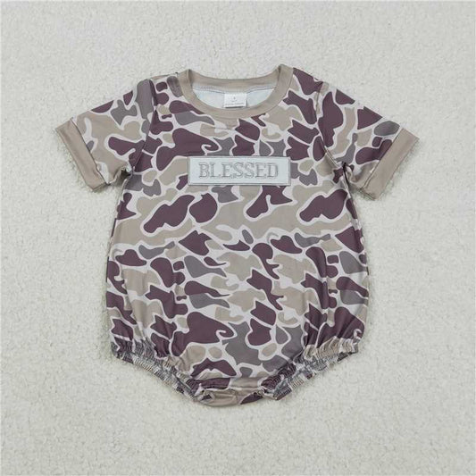 RTS SR3263 Baby Boys Romper Embroidery Blessed Baby Boys Southern Grey Camo Rompers