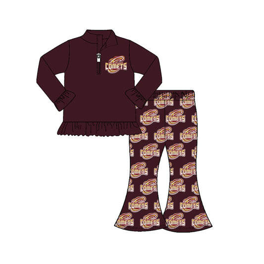 C11.21 Custom Moq 8 Baby Girls comets Team Zip Top Bell Pants Clothes Sets