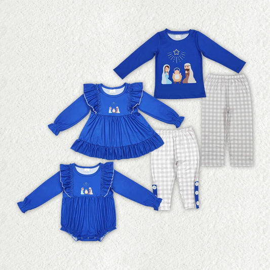 Sibling Girls Baby Boys Blue Christmas Nativity Rompers Clothes Sets