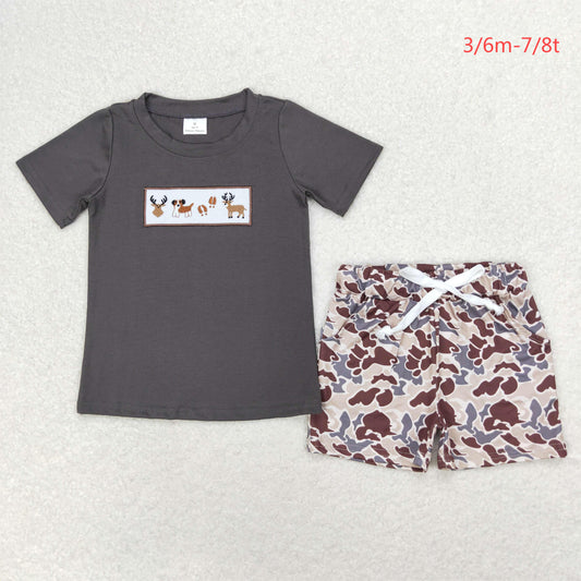 BSSO0969 Embroidered Moose puppy charcoal gray short-sleeved camouflage shorts set