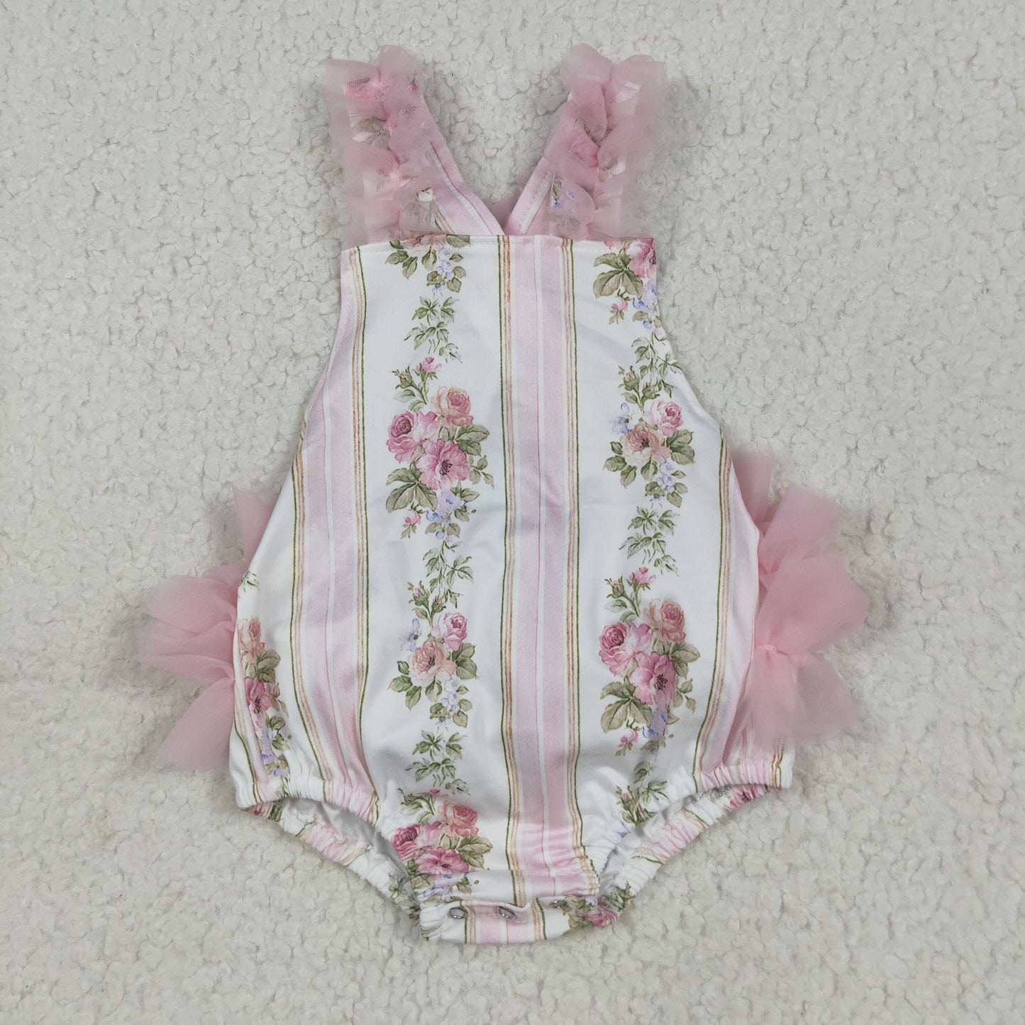 SR2964 Baby Infant Girls Pink Tulle Strap Floral Stripe Ruffle Romper 7.8