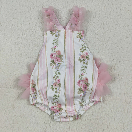 SR2964 Baby Infant Girls Pink Tulle Strap Floral Stripe Ruffle Romper 7.8