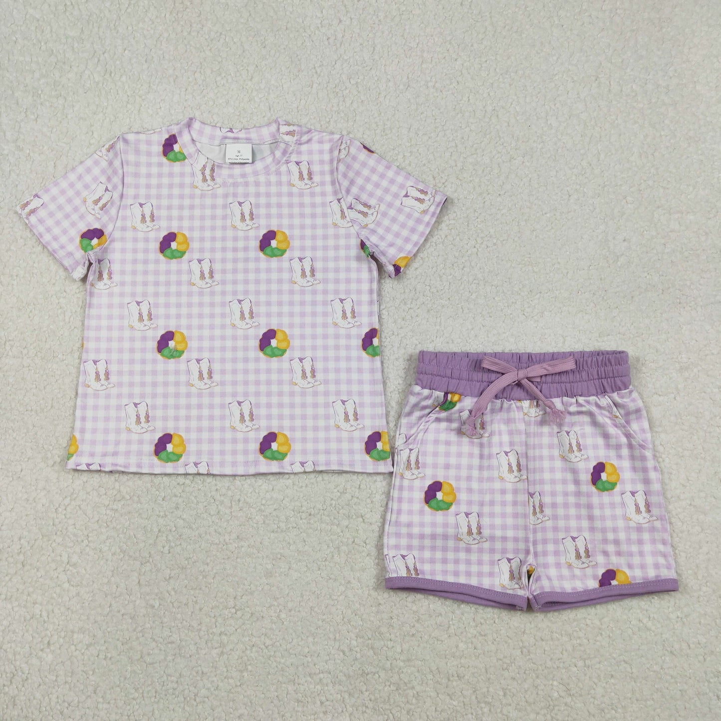 GSSO2740 Baby Girls Mardigras Boot Donuts Checked Top Pockets Shorts Clothes Set 12.8