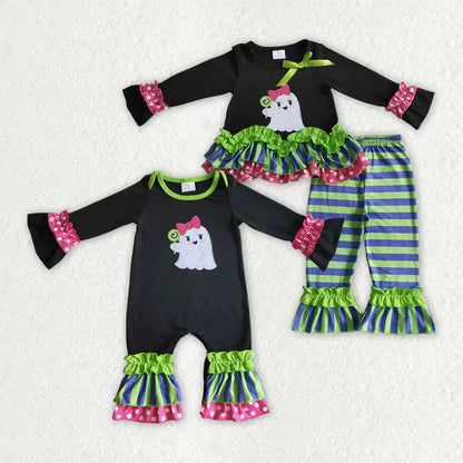 Sibling Baby Girls Green Stripe Embroidery Ghost Tunic Ruffle Pants Halloween Clothes Sets Rompers C9.18