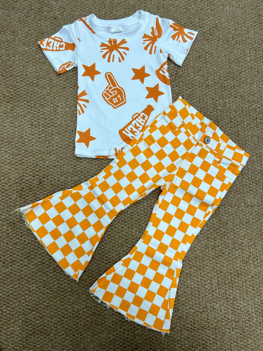 GT1090+P0468 Baby Girls Cheer Orange Shirt Checkered Bell Denim Pants Clothes Set 7.28