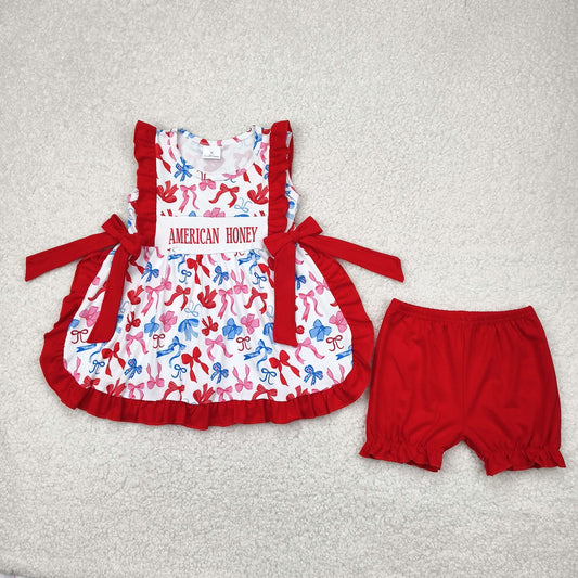 GSSO2538 Baby Girls American Honey Red Blue Bows Tunic Ruffle Short 4th Of July Set  4.22
