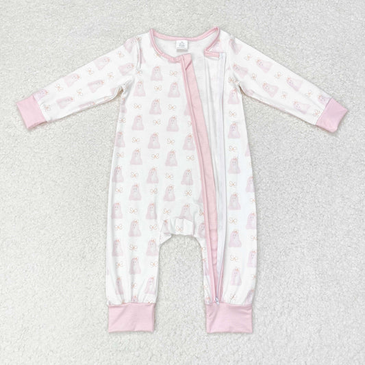 LR1124 Bamboo pink Ghost long-sleeved onesie with white zipper