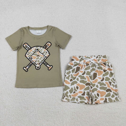BT1423+SS0698 Baby Boys Green Orange Camo Baseball Top Pockets Shorts Team Clothes Set C11.19